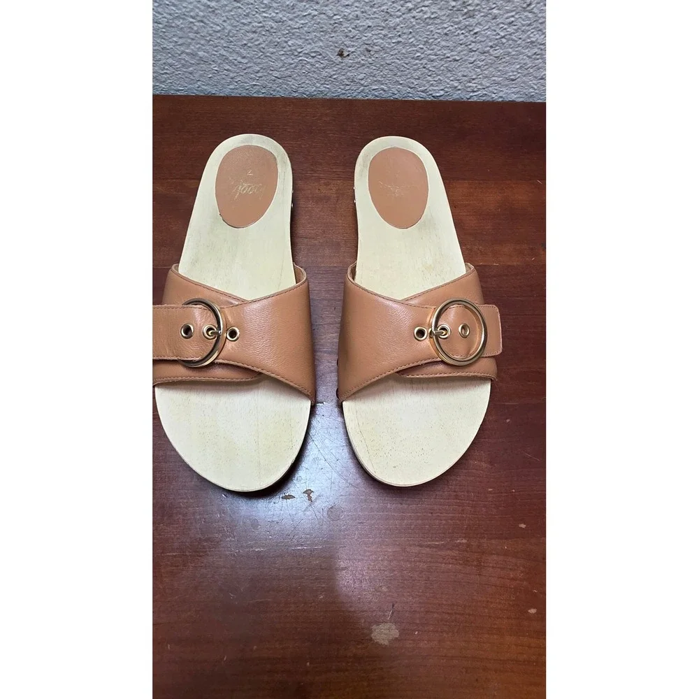 Beek Wood Sole Leather Slide Sandals Womens 7 Tan Buckle Studded Clogs Platform